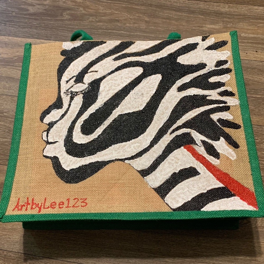 Burlap Tote “ LeZebra” Hand Painted by Lee for Artbylee123 NEW Hand Artwork